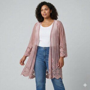 Paper Tee Sheer Pink Lace Kimono Cardigan Duster Size 1X, NWT, Boho Cottagecore